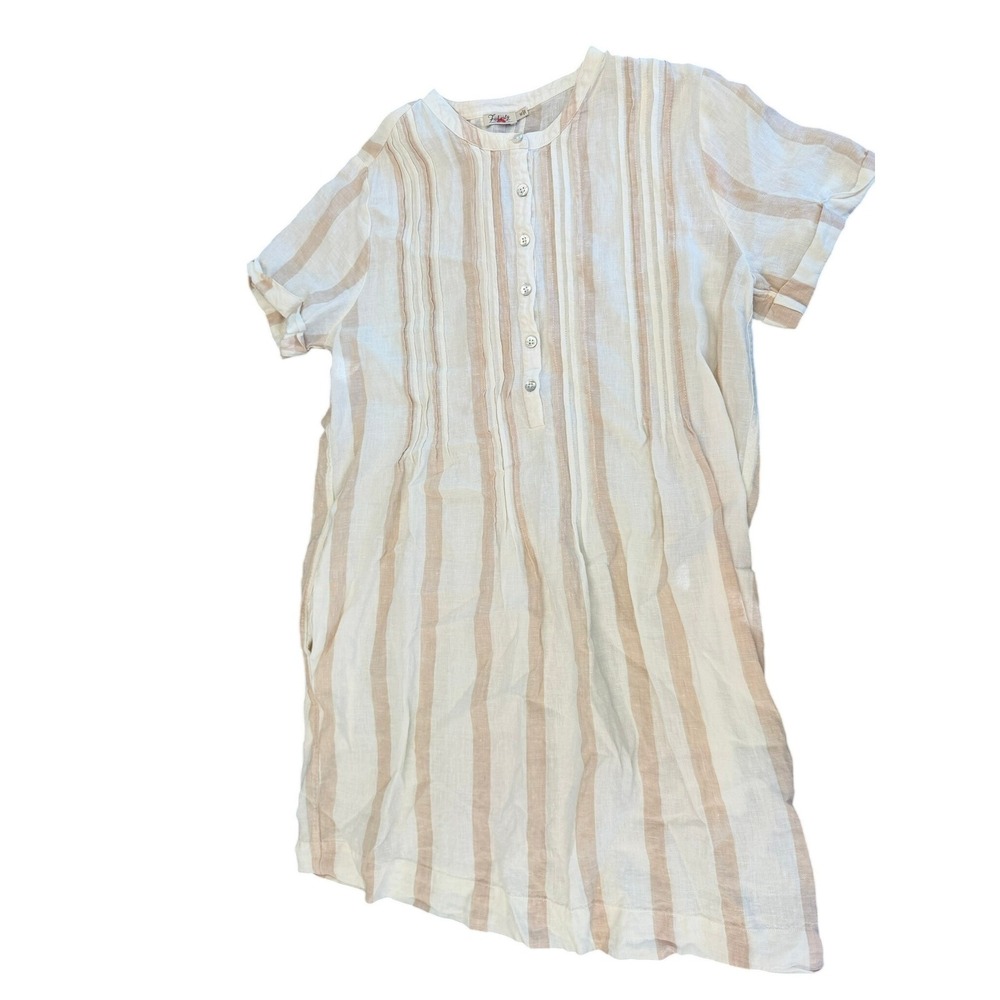 Faherty Striped‎ Linen Blend Pintuck Shift Dress Beige White Womens SZ M Beachy